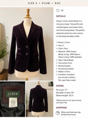 J.Crew Plum Velvet Blazer Size 2 Cotton Velvet Tailored Jacket EUC